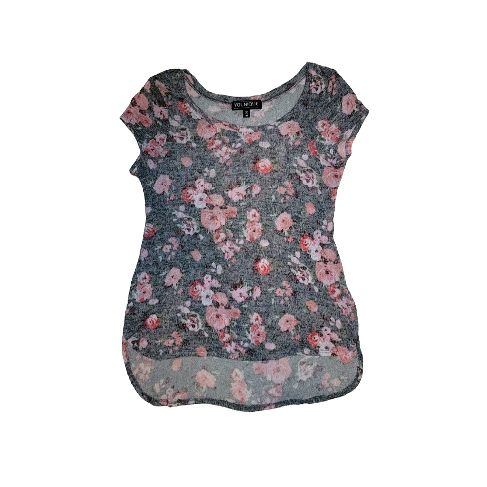 Younique Gray/Pink Floral Short Sleeve High Low Top Size Medium